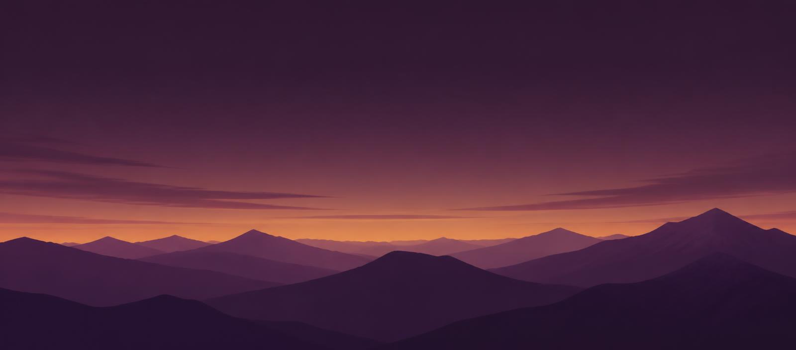 Layered mountain ridges beneath a wide open sky at dusk