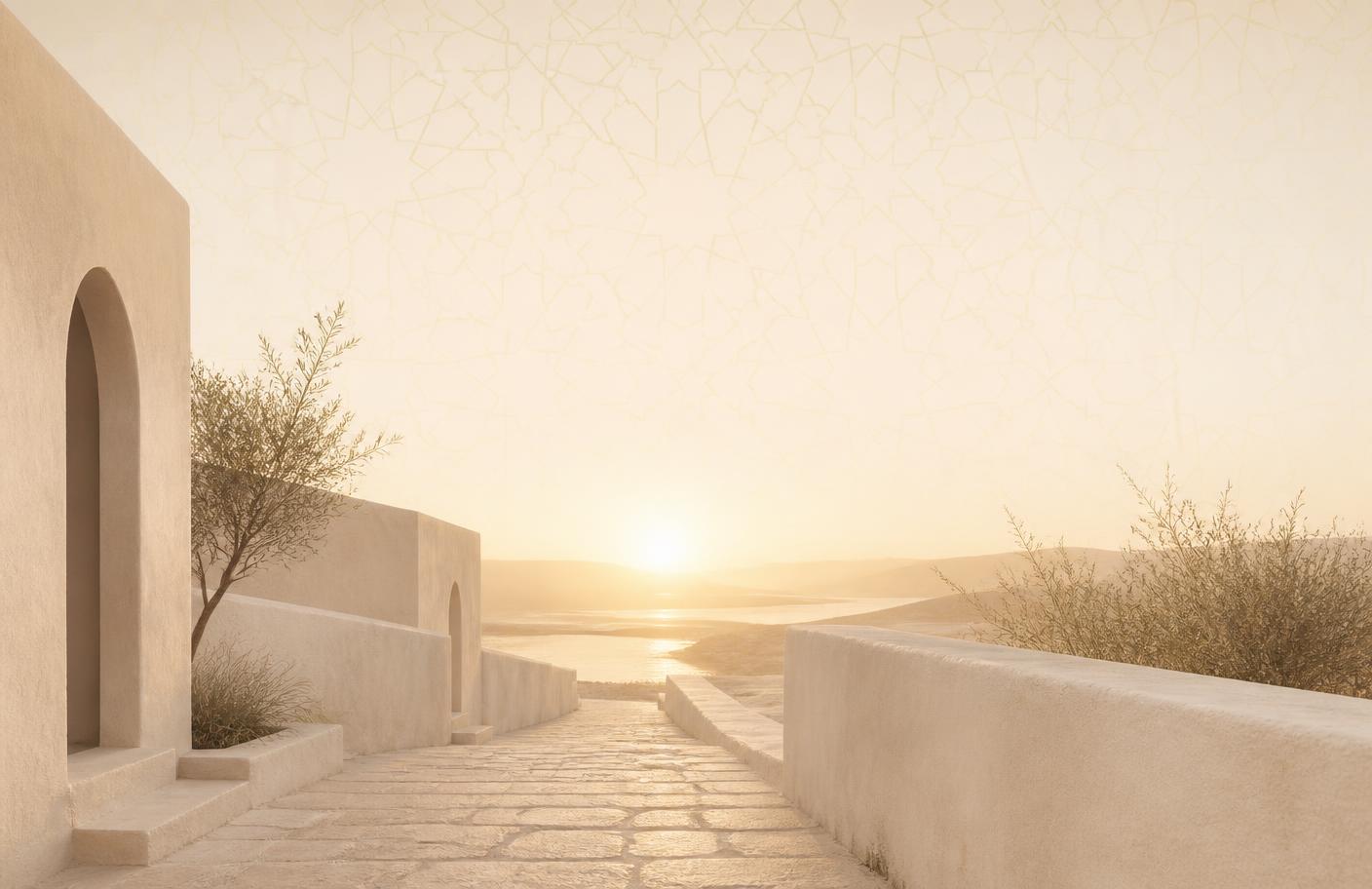 A quiet stone pathway leading toward a glowing horizon at dawn